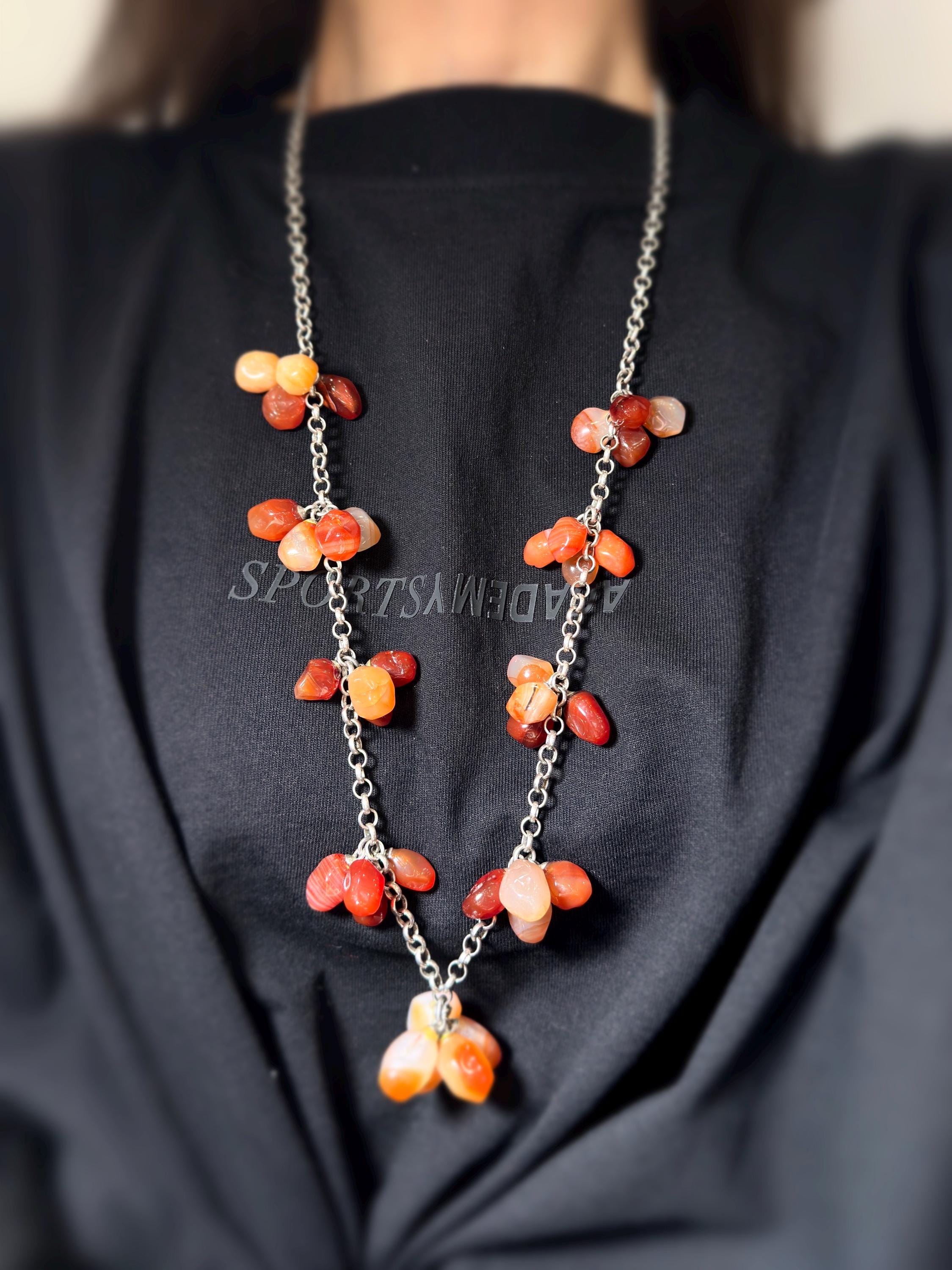 Collier En Argent 925 Doré Avec Camée Cornaline Et Corail - Longueur 51 Cm - Style Vintage
