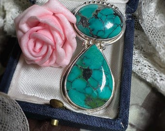 Vintage Turquoise Sterling Silver Pendant 925 | Tibetan Style Double Stone | Statement Boho Necklace Pendant