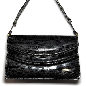 Vintage 1980s Black Glossy Natural Snakeskin Leather Handbag Bag Shoulder Bag