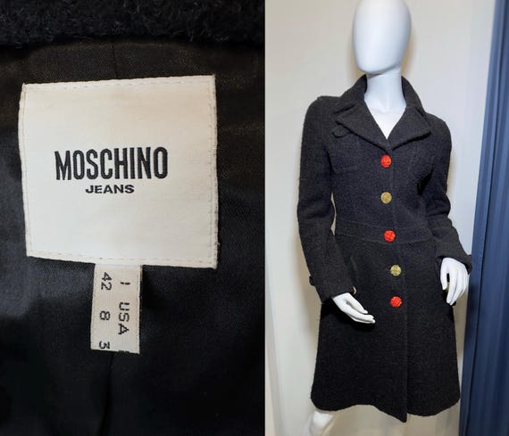 Vintage Moschino Jeans Bouclé Wool Blend Coat - Fitted Black 