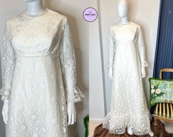 Vintage 1970s Kleemeier Hof White Lace Empire Waist A Line Wedding Dress M