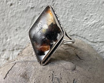 Vintage Sterling Silver Ring: Abstract Stone, Marcasite Detail (Size EU 17.5)