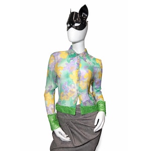 Y2K Cristina Capucci zijden blouse Italiaanse designer zijden blouse met bloemenprint en kanten doorzichtige blouse romantische top IT 44 afbeelding 1