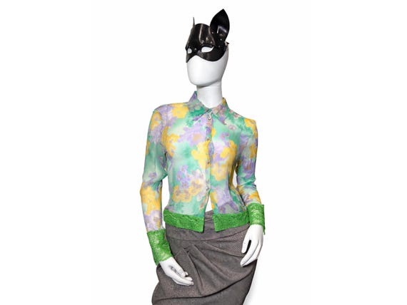 Y2K Cristina Capucci Silk Blouse Italian Designer Floral Silk Top Lace Trim Sheer Blouse Romantic Top IT 44