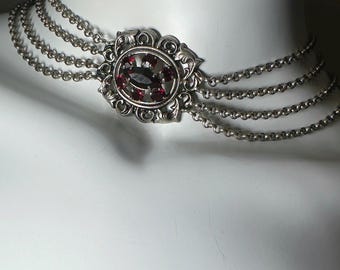 Mid Century Austro-Hungarian Style Necklace Red Crystals Silver Tone Multi Chain Collar