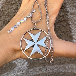 Large Maltese Cross Pendant Necklace, Vintage Silver 917 & 925 Chain