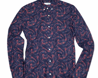 Camicia vintage Etro con stampa abbottonata • Vortice astratto rosso e grigio • IT 38 (S) • Prodotto in Italia • Blusa di lusso firmata