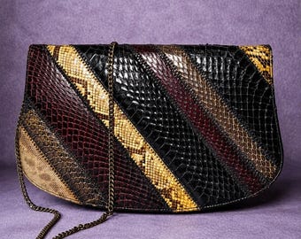 Vintage Patchwork Snakeskin Purse Loewy’s MFG Handbags Genuine Exotic Leather Chain Clutch 1970s Boho Glam Disco Shoulder Bag
