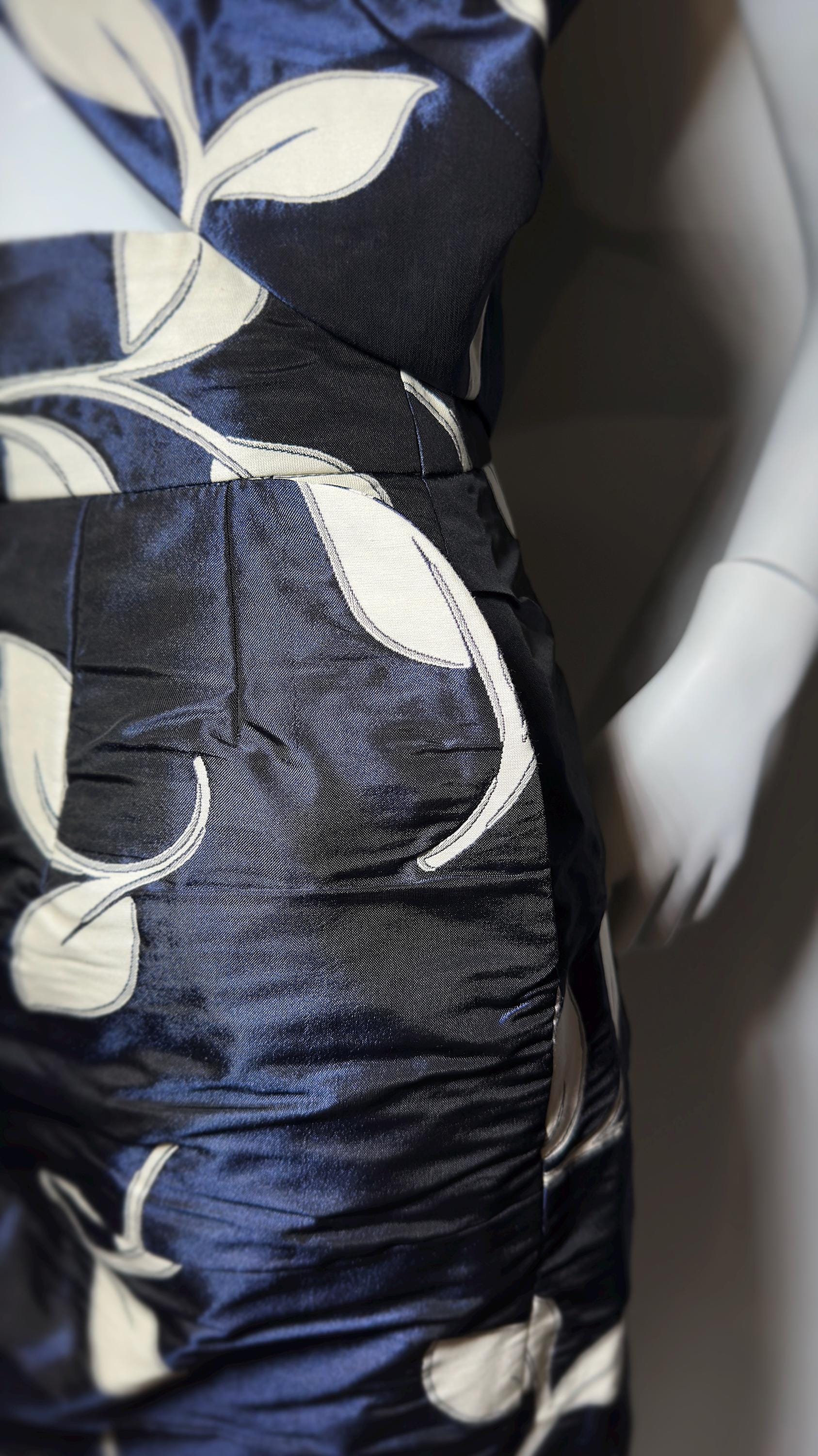 Vintage Emporio Armani Leaf Print Suit: Navy Crop Top & Mini Skirt