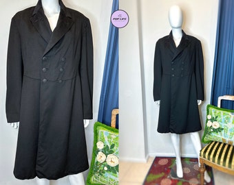 Antique Victorian Frock Coat: Hand Sewn Black Wool, Damask Silk Buttons