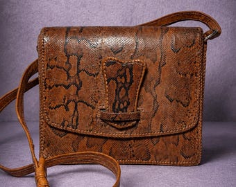 Vintage Genuine Snakeskin Crossbody Bag Brown Python Leather Purse Boho Shoulder Bag Adjustable Strap 1980s Exotic Leather Handbag