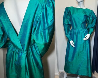 Vintage Fabienne De Backer Raw Silk Dress – 1980s Teal Green Puff Sleeve Open Back Evening Dress – Size S/M