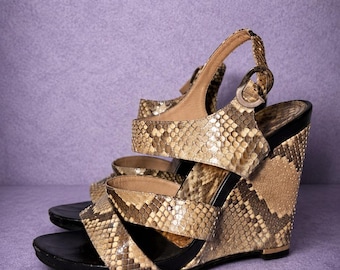 Y2K Sergio Rossi Genuine Snakeskin Wedge Sandals EU 39.5, Luxury Python Leather Heels, Designer Strappy Platform Shoes