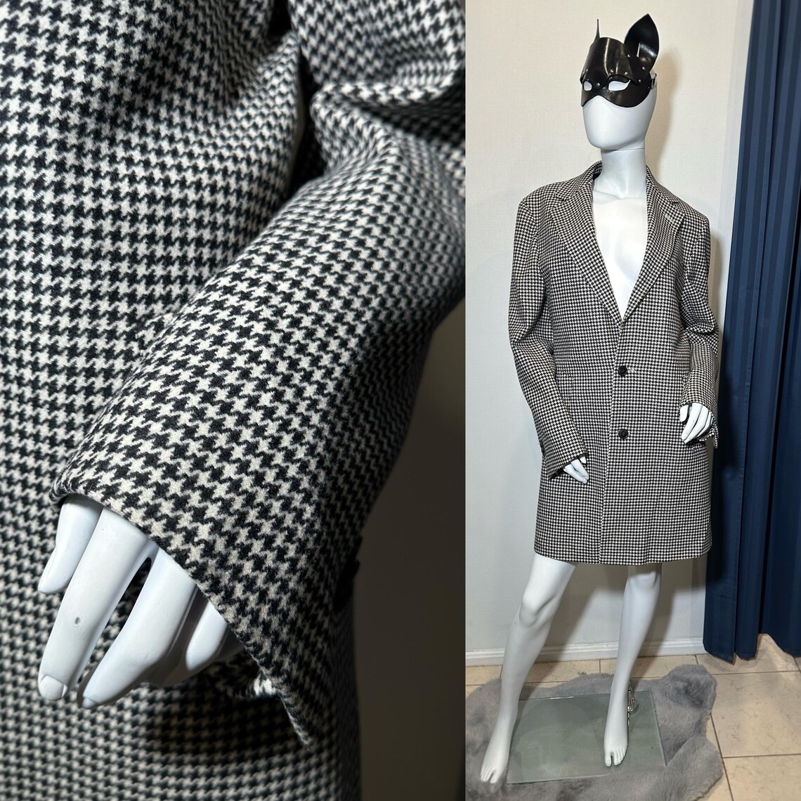 Vintage Houndstooth Wool Cashmere Coat E Thomas Fabric Suitsupply Long Tailored Blazer Size 48, photo 1 of 5
