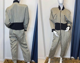 Vintage 1980s Metallic Pinstripe Jumpsuit: Air Force Style M/L