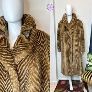 スタイリッシュな 1980 年代の Jean Louis De Paris フェイクファー シェブロン柄 ロングコート M