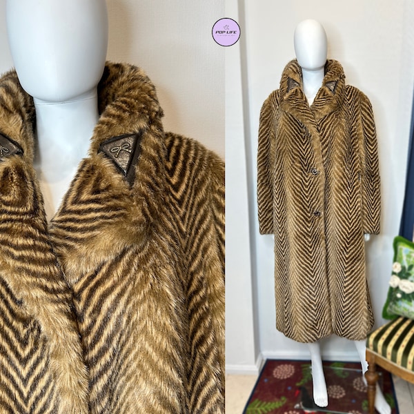 Stylish 1980s Jean Louis De Paris Faux Fur Chevron Pattern Long Coat M