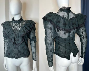 Vintage Edwardiaanse blouse jaren 70 handgemaakte geborduurde gaas kanten ruches boerentop S/M
