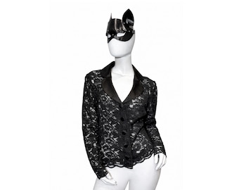Giacca vintage in pizzo Chantilly nero, blazer in pizzo su misura, colletto in raso, elegante giacca da sera, stilista Brigitte Eppinger, taglia S