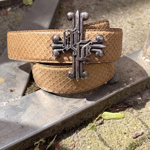 Vintage Gianni Versace Snakeskin Belt Cross Buckle Beige Python Leather Belt Size 95 Made in Italy