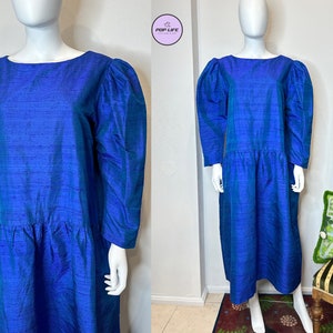 Vintage 1980’s GUNN RAMBERG Boutique Raw Silk Chameleon Blue Green Oversize Dress