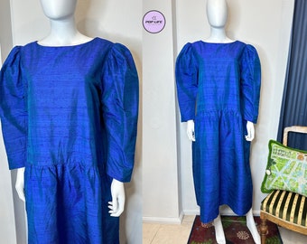 Vintage 1980’s GUNN RAMBERG Boutique Raw Silk Chameleon Blue Green Oversize Dress