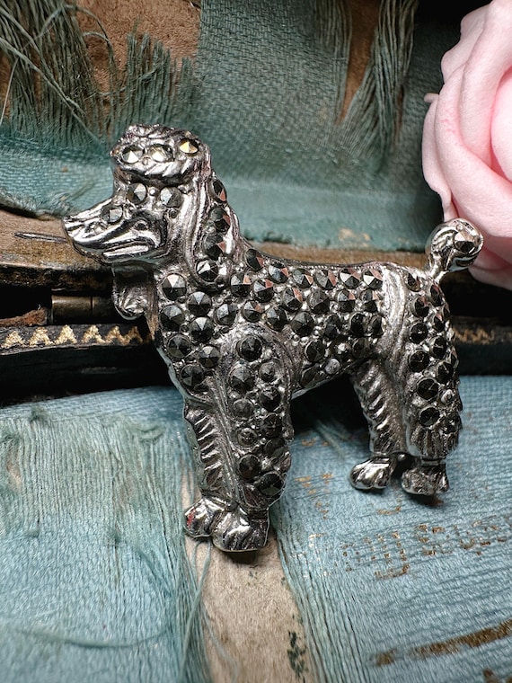 Vintage Marcasite Poodle Brooch – Silver-tone Dog Pin – 1950s
