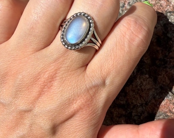 Antiker Sterling Silber Mondstein Ring | Natürlicher Mondstein Cabochon | Handgefertigte Künstler Ring | Georg Jensen-Stil | Größe 62
