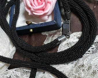 Antique Black Glass Bead Crochet Necklace, c.1906, Silver Clasp, Finnish Origin, Extra Long 127 cm