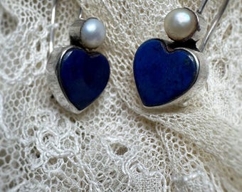 Vintage 925 Silver Lapis Lazuli Heart Earrings with Natural Pearl | Sterling Silver Drop Earrings | Romantic Jewelry