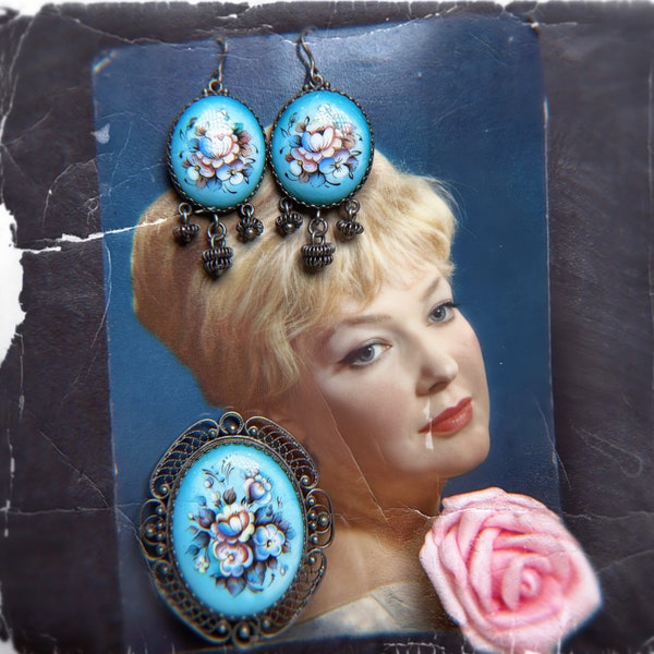 Absolutely Gorgeous Vintage 1980's Rostov Finift Enamel Set Of Brooch Earrings Filigree Melchior