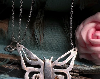 Vintage Sterling Silver Butterfly Necklace with Citrine | Hallmarked 925 | Artisan Cutout Design | 45cm Chain