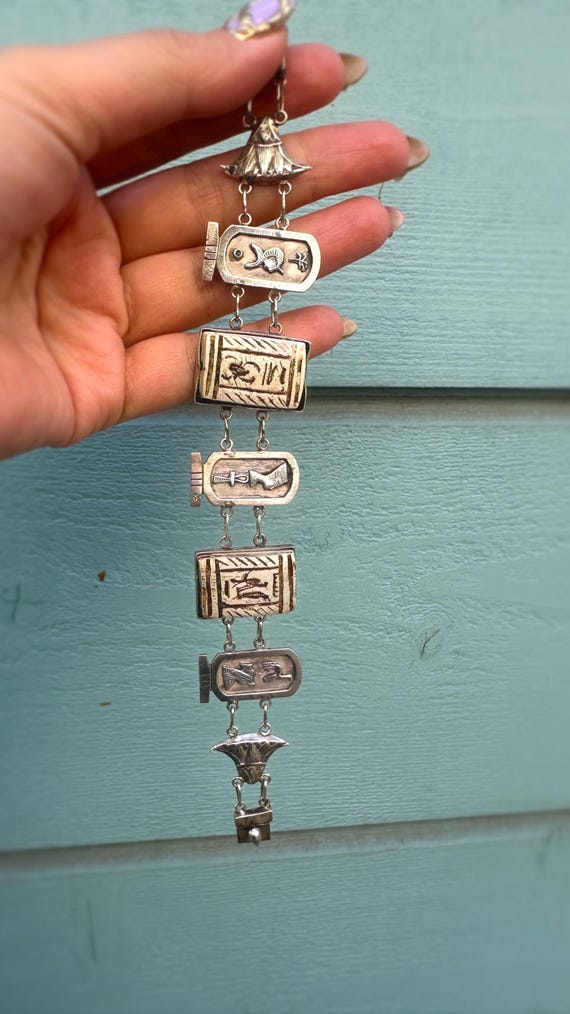 Bracciale Personalizzato Con Nome In Geroglifico, Argento Invecchiato E Gomma Nera, Fatto In Egitto - 4