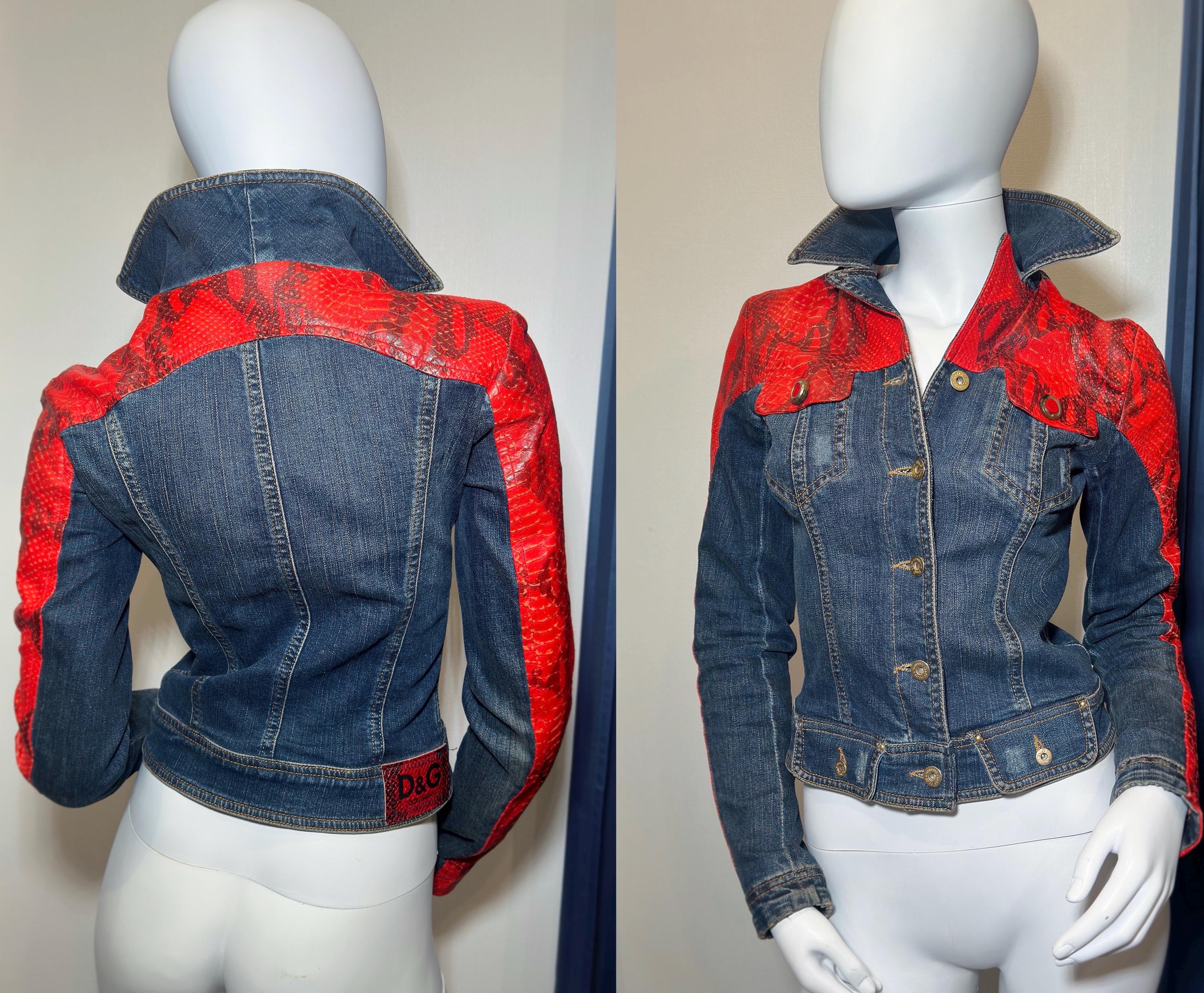 D&G Dolce Gabbana Denim Jacket: Red Faux Python Leather Accents