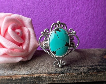 Vintage Handcrafted Sterling Silver Art Nouveau Style Ring Turquoise Stone