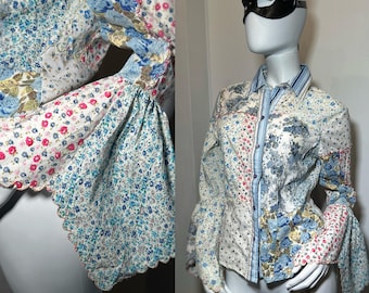 Vintage Patchwork Floral Blouse 1990s | E.B. Design | 100% Cotton | Boho Bell Sleeve Shirt | Size M