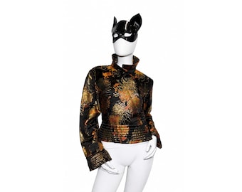 Vintage 1980s Silk Brocade Jacket Handmade Chinese Inspired Quilted Peplum Frog Closure Black Gold