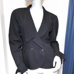 1980s Karl Lagerfeld Black Asymmetric Lapel Wide Shoulder Fitted Jacket M