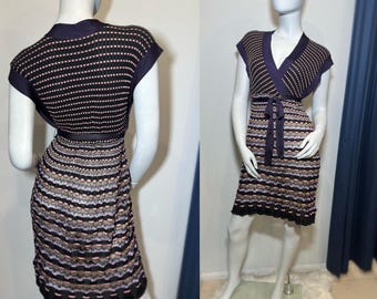 Missoni Knit Mini Dress: Purple Pink Beige Striped Viscose Merino, IT 42