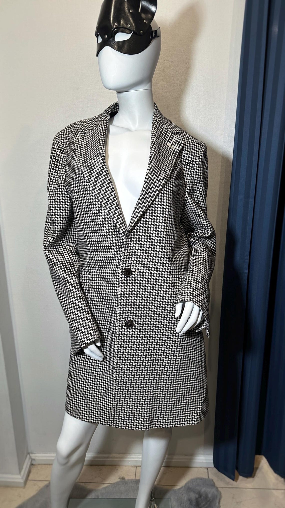 Vintage Houndstooth Wool Cashmere Coat E Thomas Fabric Suitsupply Long Tailored Blazer Size 48, photo 3 of 5