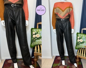 Vintage 1980's Giorgio Mobiani Black Leather Croc Embossed High Waist Trousers S