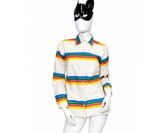 Vintage 1974 Marimekko “Antti” Shirt by Pentti Rinta – Rainbow Stripe Cotton Button Up Made in Finland EU 40