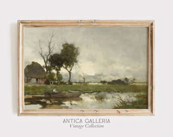 Vintage Riverside Landscape Print: Moody Farmhouse Wall Art (Digital Download)