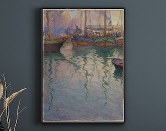 Vintage Sailboats Harbor Painting | Nautical Seascape Print (Digital Download)