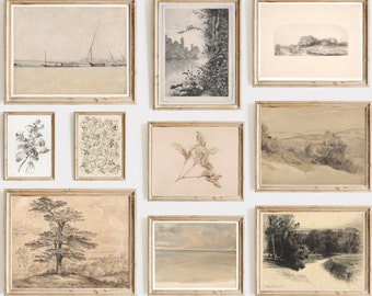 Vintage Neutral Gallery Wall Art Set | Farmhouse Landscape Prints (Digital Download)