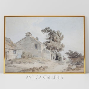 Vintage Muted Cottage Drawing | English Countryside Landscape | Horizontal Watercolor Art Print | PRINTABLE Digital Wall Art | #003