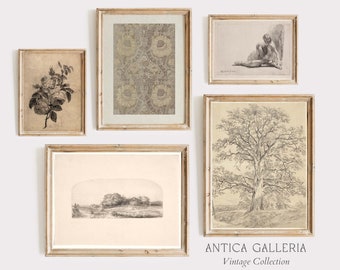 Vintage Sketch Gallery Wall Set of 5: Neutral Antique Art Prints (Digital Download)