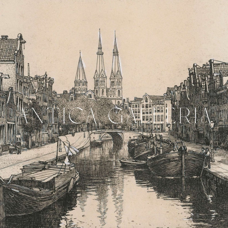 Vintage Amsterdam Canal Etching, Dutch Cityscape (Printable Art) bild 8