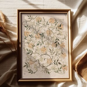 May include: A framed print of a botanical illustration featuring a detailed depiction of a flowering plant with white and orange blossoms and green leaves. The print is set against a light beige background.