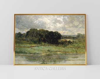 Vintage Lake Scenery Oil Painting | Rustic Farmhouse Decor (Digital Download)